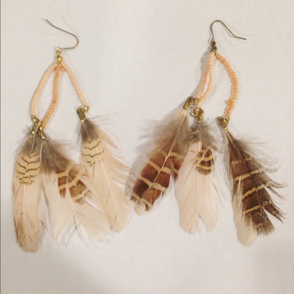 Coral Beaded Feather Earrings