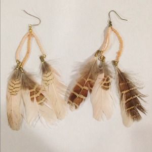 Coral Beaded Feather Earrings
