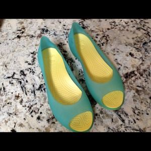 SOLD!!!!  Aqua & yellow Crocs- peep toe!