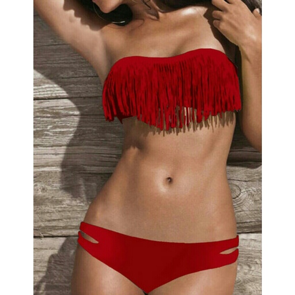 NEW Red hot fringe padded swimsuit bikini