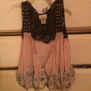 Flowy pink/black/flower/rhinestone vest