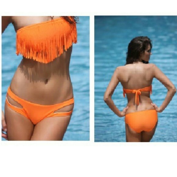 NEW Orange Fringe Swimsuit Padded Strapless Bikini