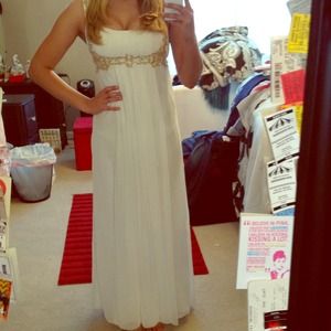 White Grecian Goddess Dave and Johnny prom dress.