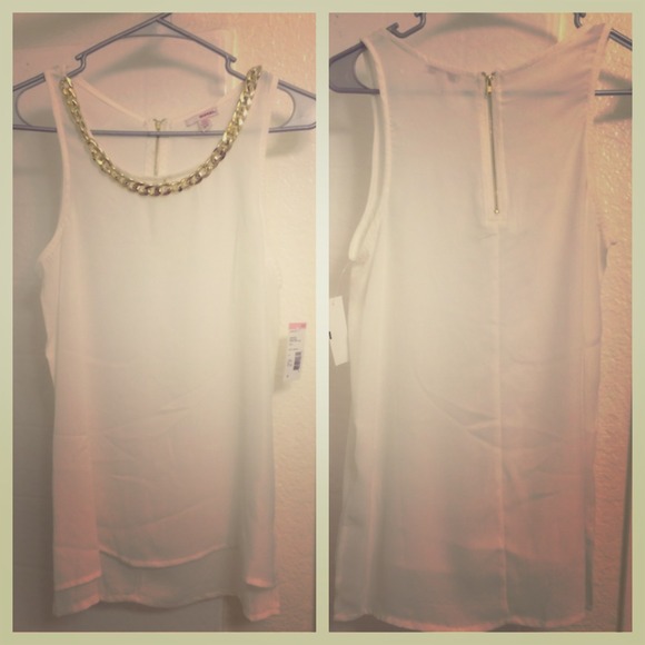 White silky like blouse with gold braided chain