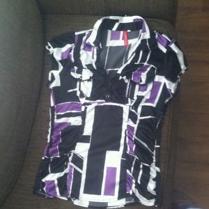 Black, purple and white satin blouse