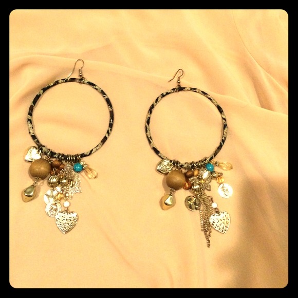 Hoop charm earrings. Leopard print w/ gold charms