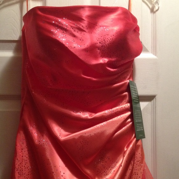 Strapless coral prom gown