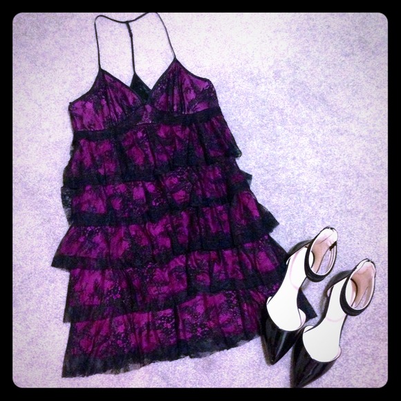 bebe Tiered Black Lace & Purple Dress Size XS