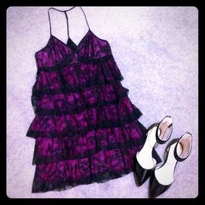 bebe Tiered Black Lace & Purple Dress Size XS