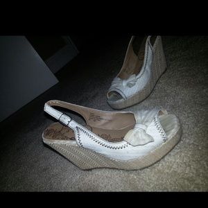 Tan and white wedge sandals