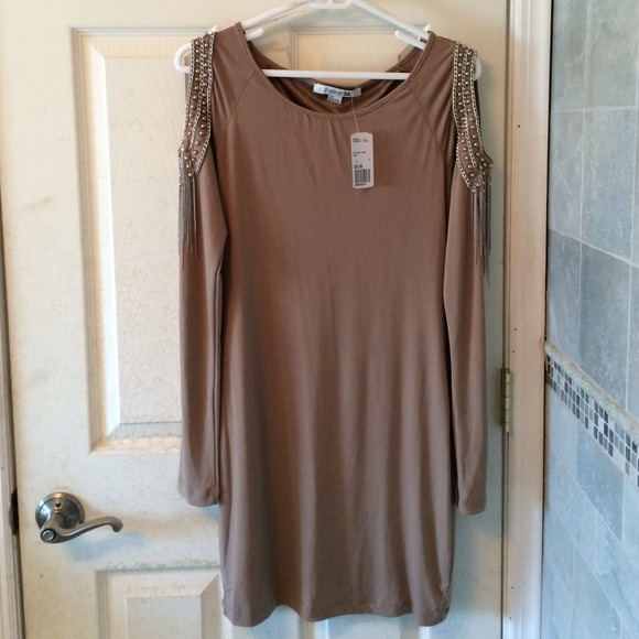 Beige peep shoulder dress