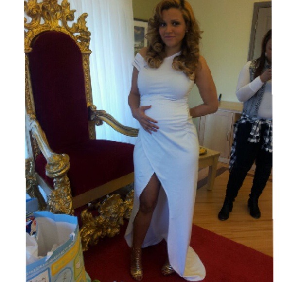 White custom made dress with slit in front