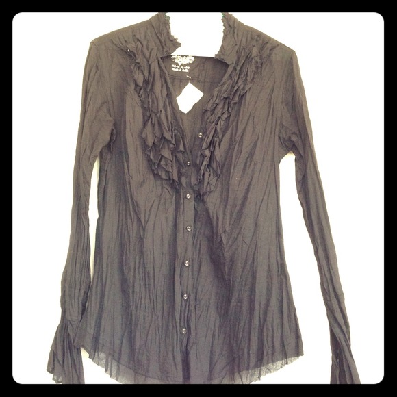 Black Cotton Ruffle Blouse
