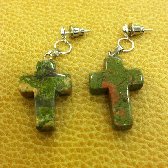Unakite Cross Earrings Stainless Steel Posts - Picture 4 of 4