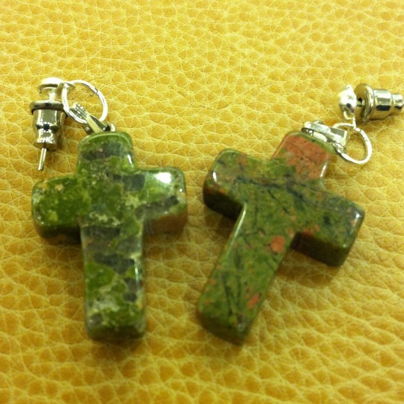 Unakite Cross Earrings Stainless Steel Posts - Picture 2 of 4
