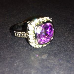 Silver Tone Purple Glass Frame Ring