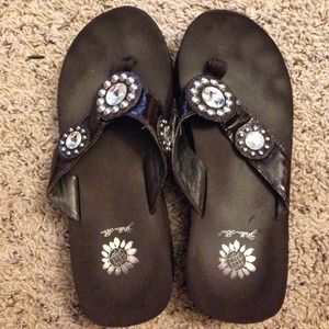 Brown yellow box wedge sandal