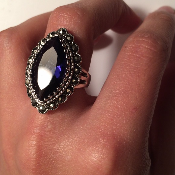 Silver Tone Marcasite & Simulated a Sapphire Ring