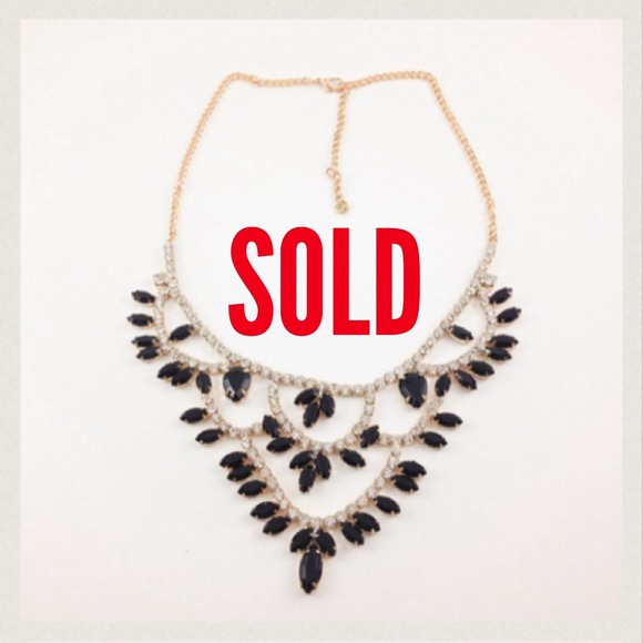 Gold Plated Black Gem Rhinestone Tiered Necklace