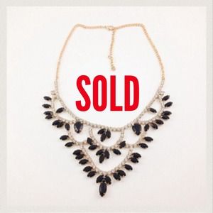 Gold Plated Black Gem Rhinestone Tiered Necklace