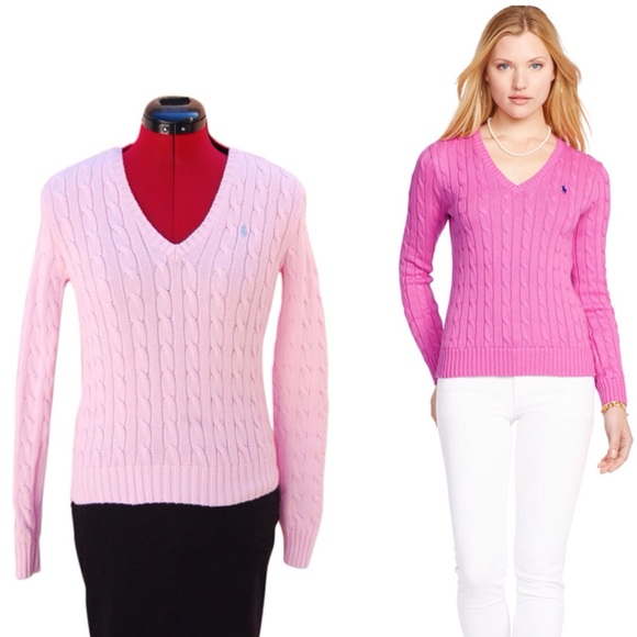 Ralph Lauren Sweaters - Ralph Lauren Light Pink Cable Knit V-Neck Sweater