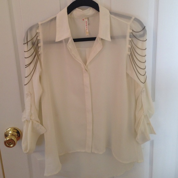 mystique boutique NYC  Tops - Collared chiffon shirt with shoulder chain jewlery
