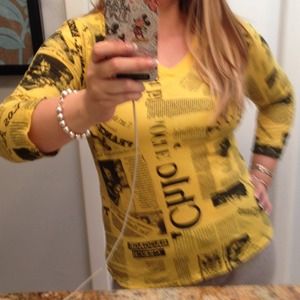 Fashion T 3/4 Sleeve V Neck Newspaper Print Size M