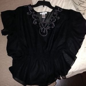 Black Chiffon peplum waist winged sleeves Sz M