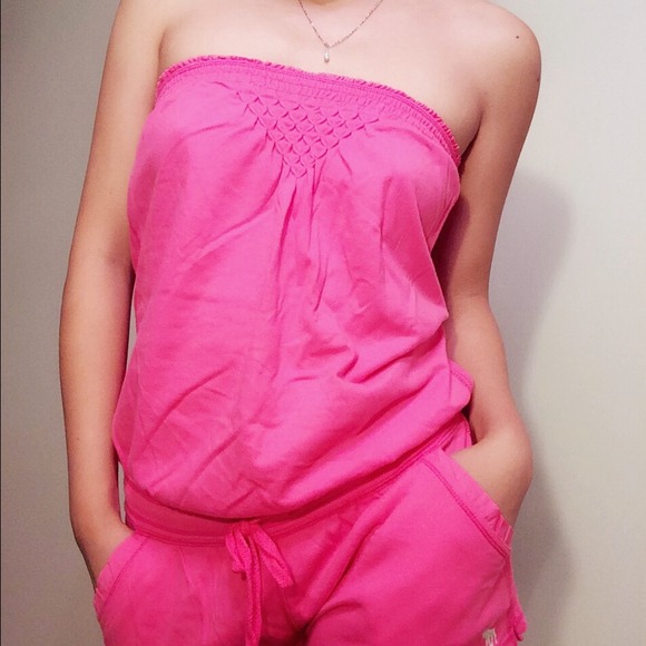 Pink strapless jumpsuit, 100% cotton