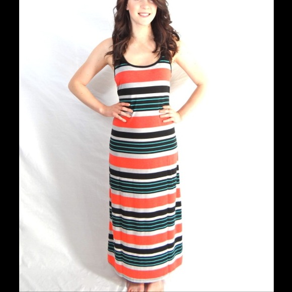 Black turquoise and coral maxi dress