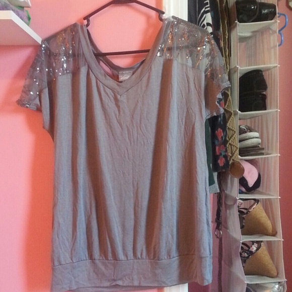 Grey top with lace sequins shoulder/back