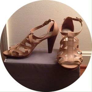 Nude strappy heels with wooden wedges