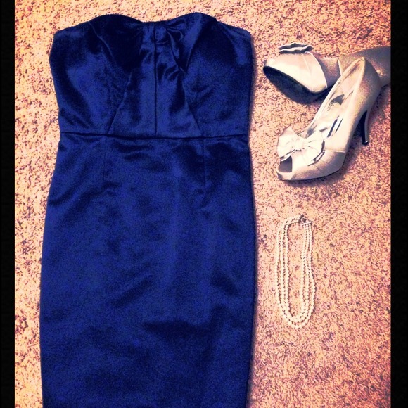 Strapless Navy Cocktail Dress with Bow Accent.