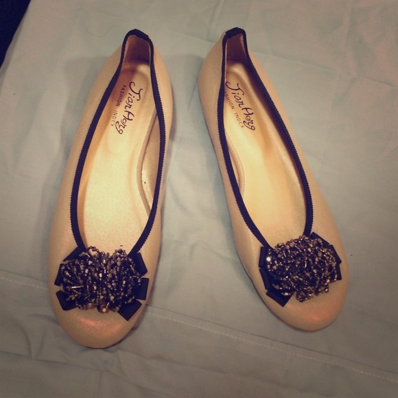 Embellished tan flats with beaded bow
