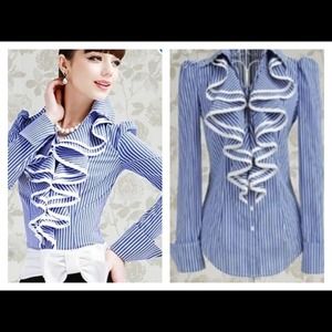 Women's Elegant Stripe Ruffles Slim Top.