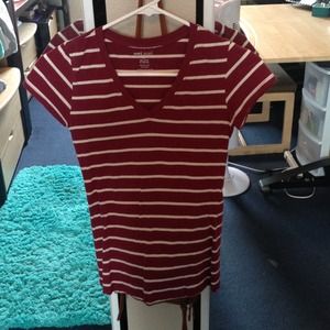 A fitted stripe maroon and white tee.