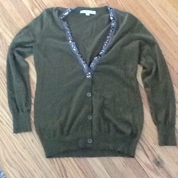 Loft olive green cardigan with sequin neckline