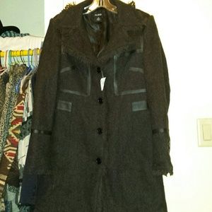Dark brown peacoat with leather trim