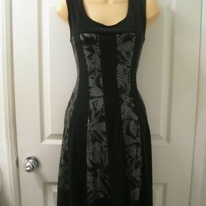 Black & silverpinstriped floral fit and flare dres