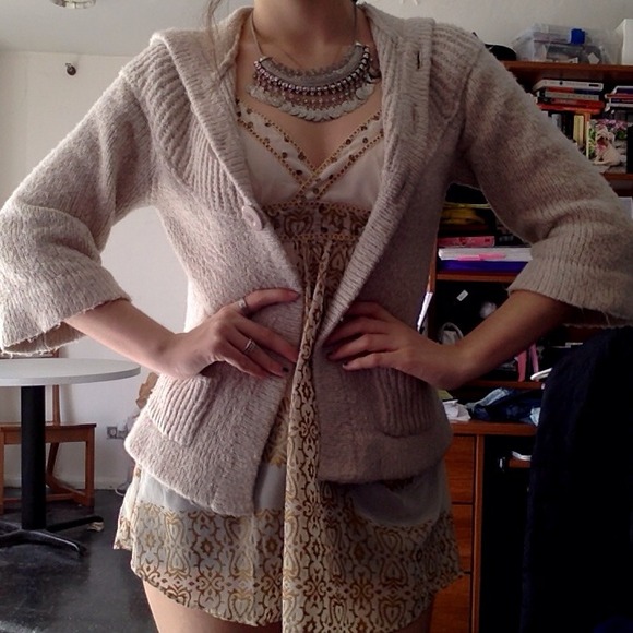 Cream cardigan sweater with hood
