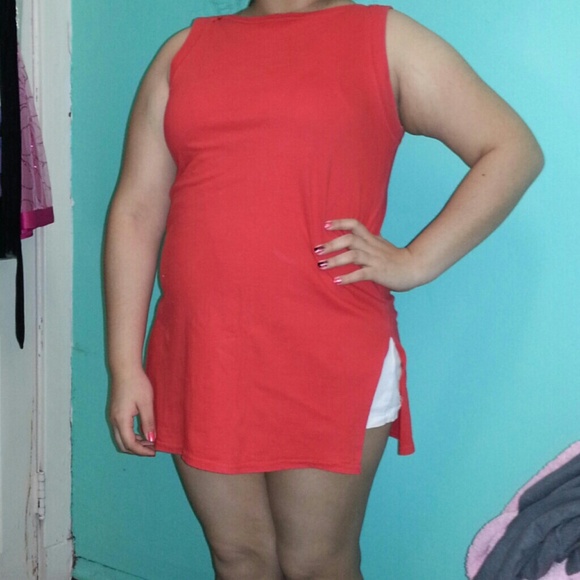 Red top. Long shirt