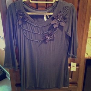 Grey, 3/4 sleeve, rhinestone embellished top