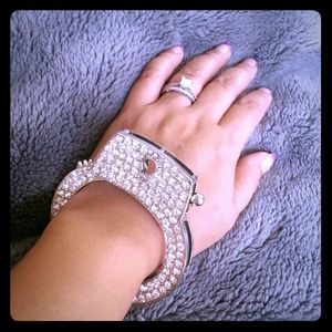 @50% Rhinestone Handcuff Silver-Tone Bracelet
