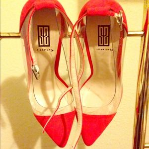 Red clear peep toe shoes.