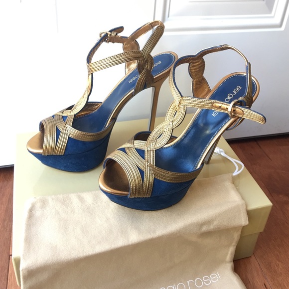 NIB Sergio Rossi Blue/Bronze Suede sandals size 6 - Picture 2 of 4