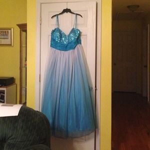 Blue and white ombré dress with sequins and belt.