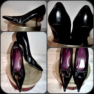 Bronx Black ruched leather kitten heel pumps