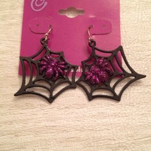 Black spider web earrings w/ purple sparkle spider