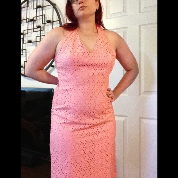 Peach eyelet halter dress