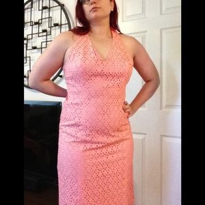 Peach eyelet halter dress